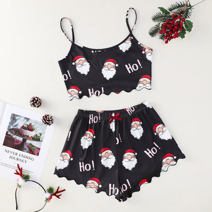 Christmas European And American Thin Pajamas Women's Sleeveless Shorts Milk Silk Simple Casual Two-piece Suit Homewear