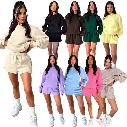 Solid Color Long Sleeve Hooded Sweaters Women's Clothing Two-piece Fashion