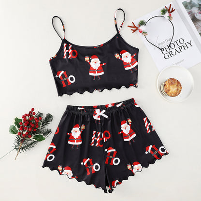 Christmas European And American Thin Pajamas Women's Sleeveless Shorts Milk Silk Simple Casual Two-piece Suit Homewear