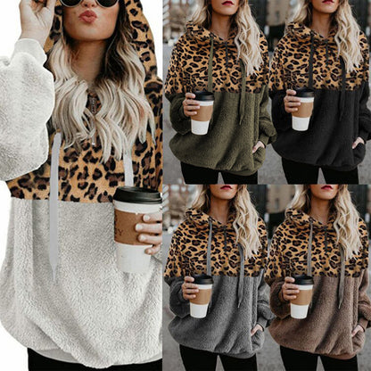 Leopard Print Hooded Sweater Loose Fall Winter Women Clothes