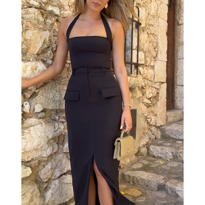 Simple Halter Top Split Skirt Suit Women