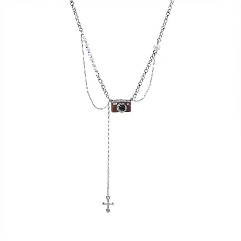 Fashion Retro Coffee Color Camera Necklace Asymmetric