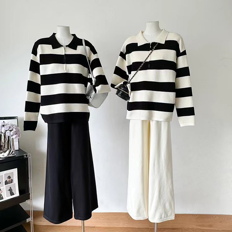 Women's Polo Collar Half Zipper Knitting Suit Stripes