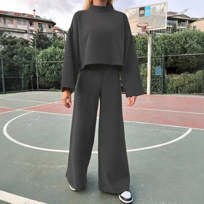 Casual Laid-back Style Knitted Long-sleeved Top Loose Comfortable Trousers Suit