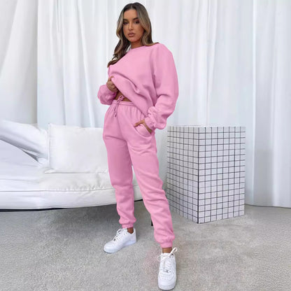 Women's Solid Color Round Neck Pullover Sweatshirt Pants