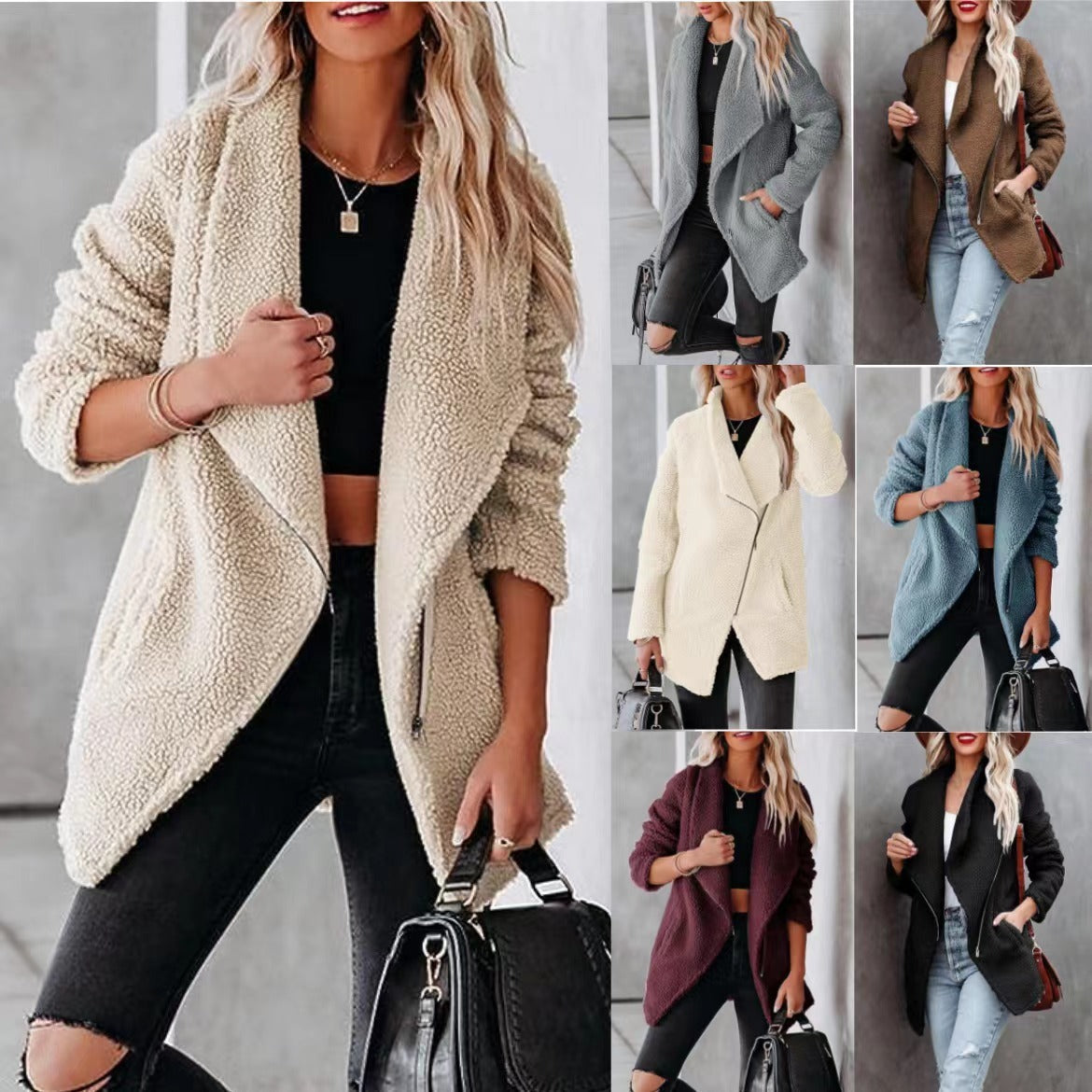 Fashion Casual Wool Lamb Jacket Zipper Pocket Fleece Coat