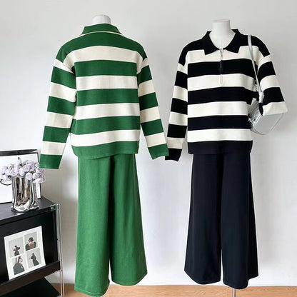 Women's Polo Collar Half Zipper Knitting Suit Stripes