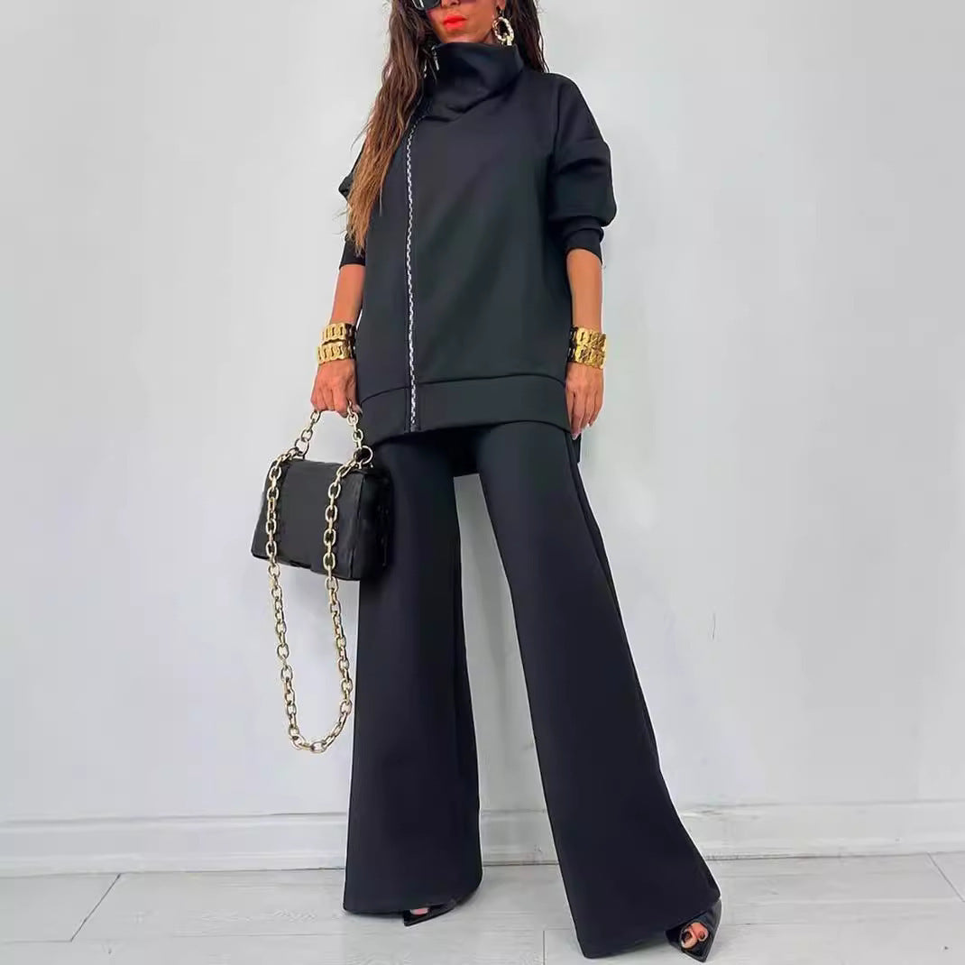 Women's Loose Zip Sweatshirt Wide Leg Pants Suit