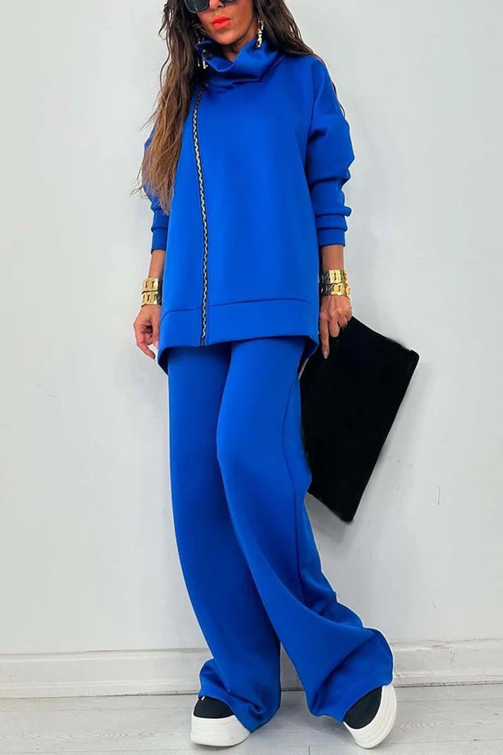 Women's Loose Zip Sweatshirt Wide Leg Pants Suit