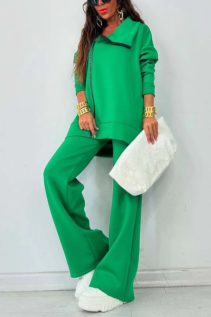 Women's Loose Zip Sweatshirt Wide Leg Pants Suit