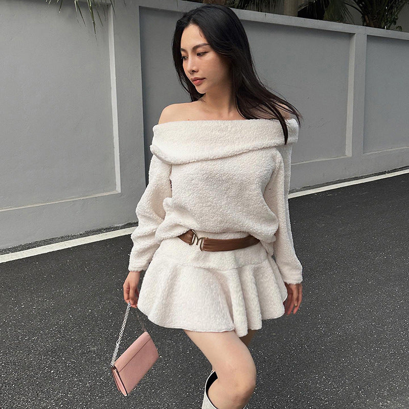 Women's Plush Lapel Shoulder Long-sleeved Top Mid-length Dress Set