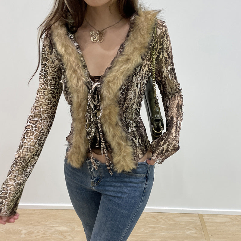 American Vintage Leopard Print Lace-up Cardigan Top