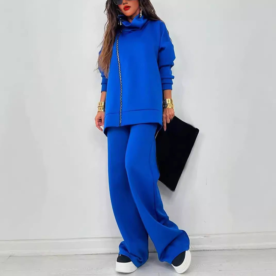 Women's Loose Zip Sweatshirt Wide Leg Pants Suit