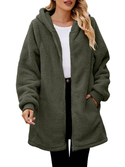 Loose Plush Women's Long Sleeve Hooded Zip Cardigan Coat