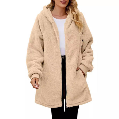 Loose Plush Women's Long Sleeve Hooded Zip Cardigan Coat