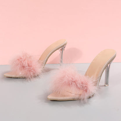 Pointed Toe High Heel Sandals Plus Size Open Toe Furry Stiletto Heel