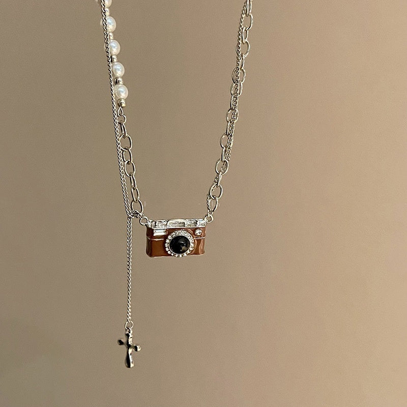 Fashion Retro Coffee Color Camera Necklace Asymmetric