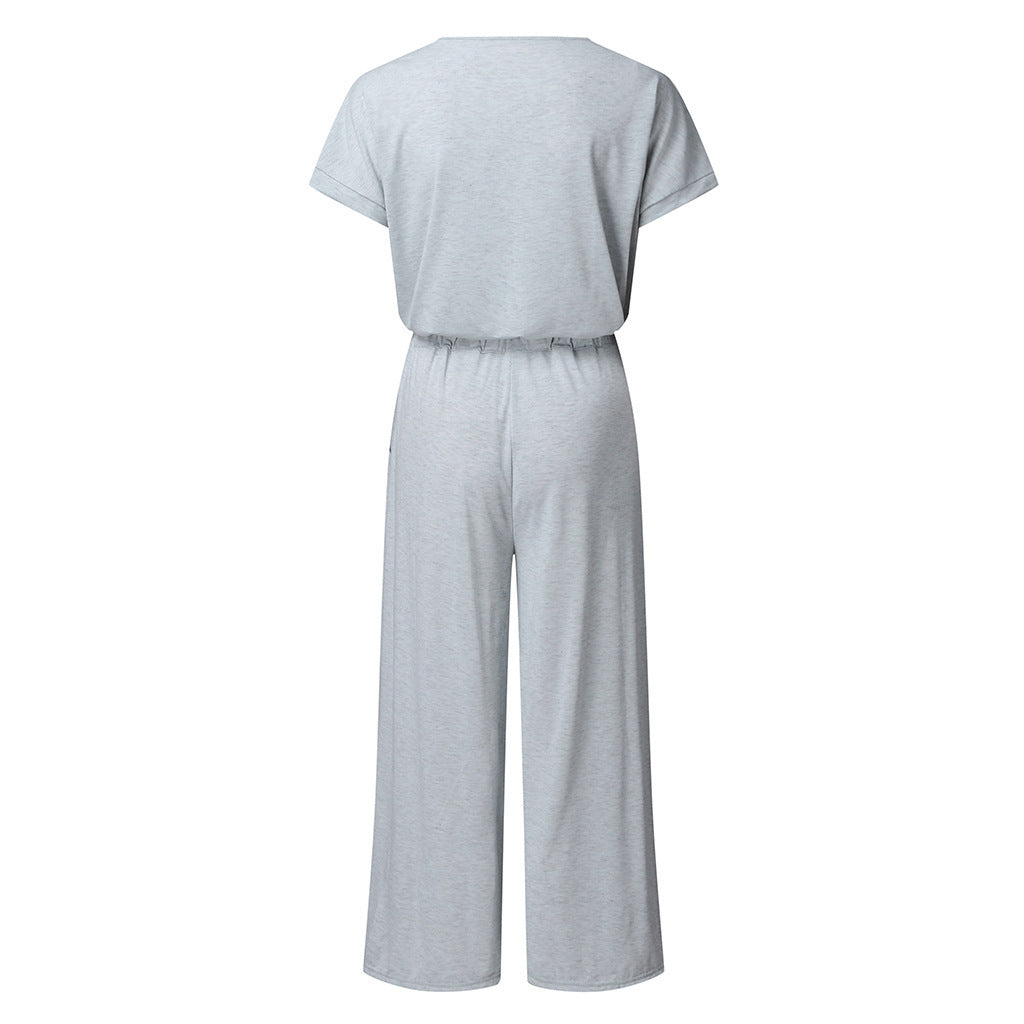 Women's Elastic Waist V-neck Wide-leg Jumpsuit