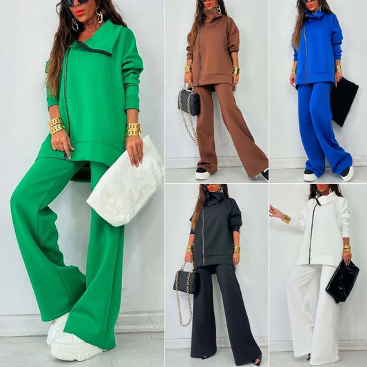 Women's Loose Zip Sweatshirt Wide Leg Pants Suit