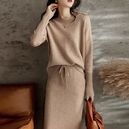 Drawstring High Waist Pure Color Wool Knitted Dress Two-piece Set