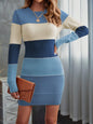 Autumn And Winter Round Neck Long Knitted European And American Color Matching Thread Fitted Dress