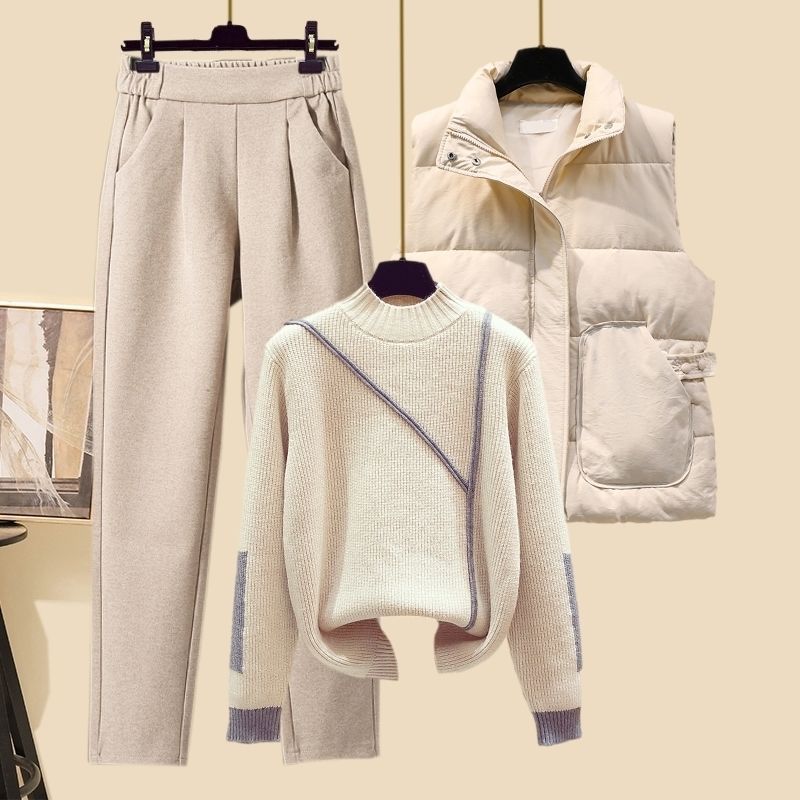 New Women's Thickened Vest Turtleneck Knitting Sweater Baggy Pants Three-piece Set