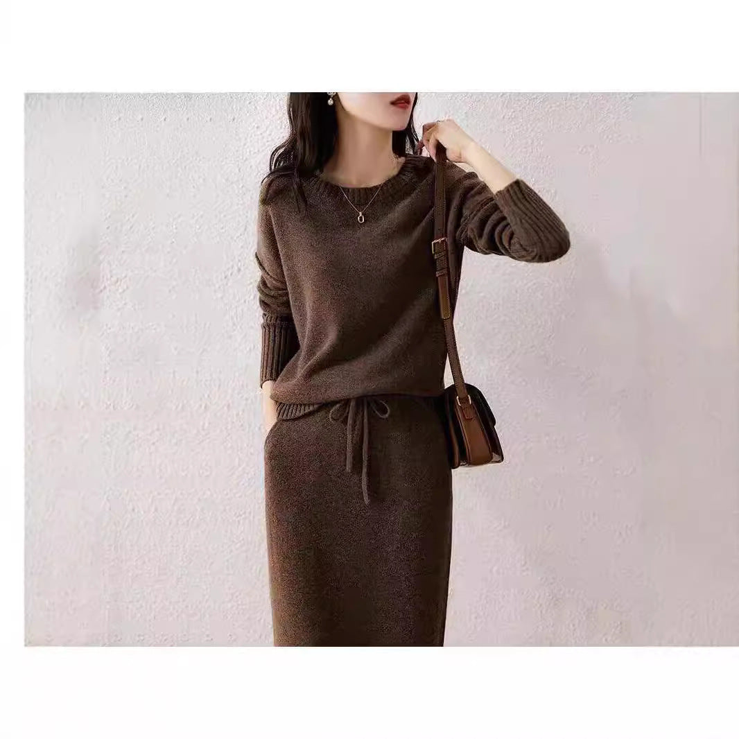 Drawstring High Waist Pure Color Wool Knitted Dress Two-piece Set