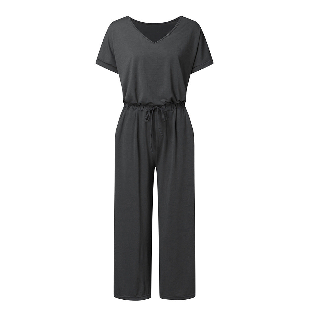 Women's Elastic Waist V-neck Wide-leg Jumpsuit