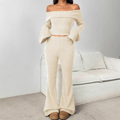 Off-neck Skinny Long-sleeved Trousers Knitting Suit