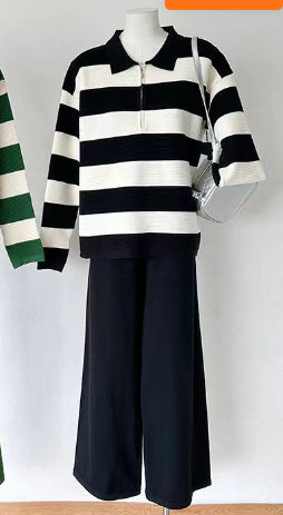 Women's Polo Collar Half Zipper Knitting Suit Stripes