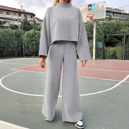 Casual Laid-back Style Knitted Long-sleeved Top Loose Comfortable Trousers Suit