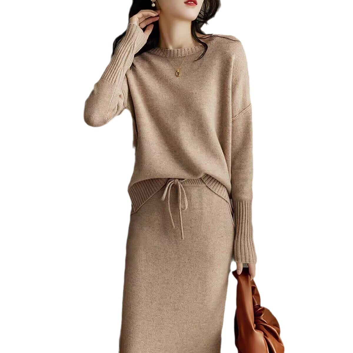 Drawstring High Waist Pure Color Wool Knitted Dress Two-piece Set