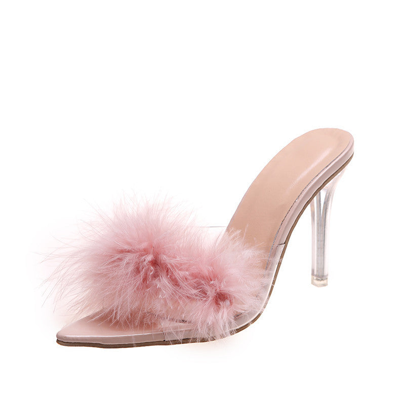 Pointed Toe High Heel Sandals Plus Size Open Toe Furry Stiletto Heel