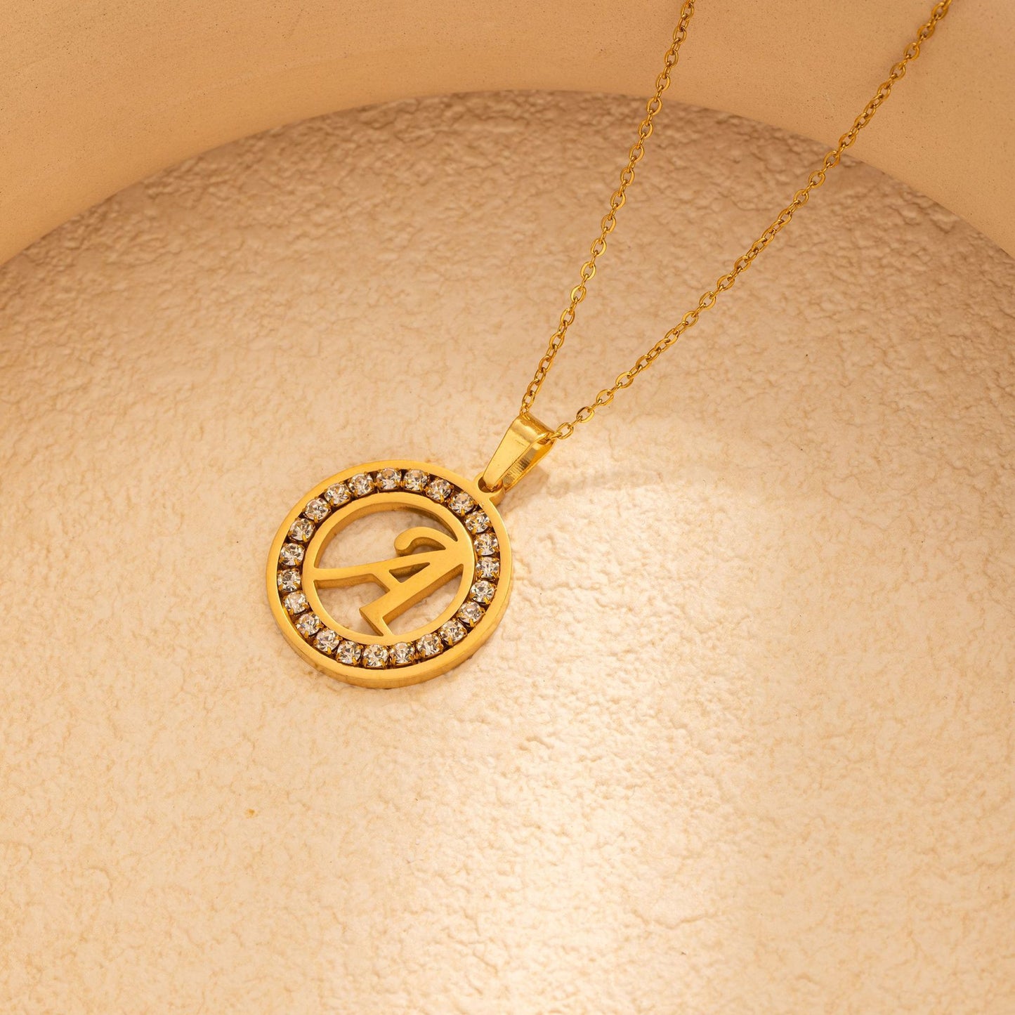 Stainless Steel Round Diamond English Letter Pendant Necklace