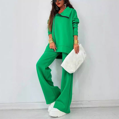 Women's Loose Zip Sweatshirt Wide Leg Pants Suit