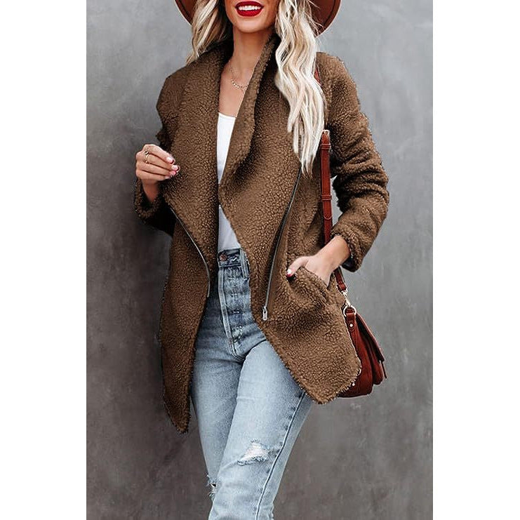 Fashion Casual Wool Lamb Jacket Zipper Pocket Fleece Coat