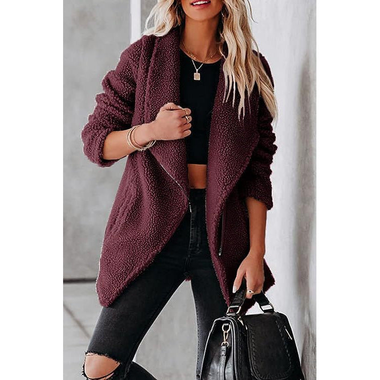 Fashion Casual Wool Lamb Jacket Zipper Pocket Fleece Coat