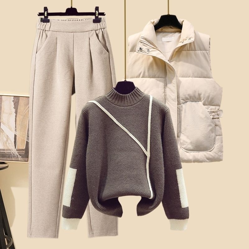 New Women's Thickened Vest Turtleneck Knitting Sweater Baggy Pants Three-piece Set