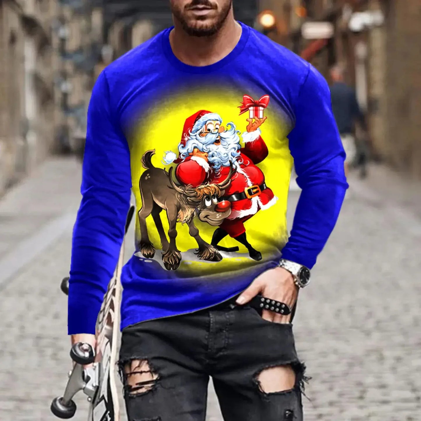 3D Digital Printing Holiday Atmosphere Round Neck Long-sleeved Shirt