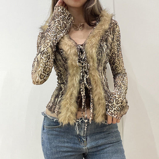 American Vintage Leopard Print Lace-up Cardigan Top