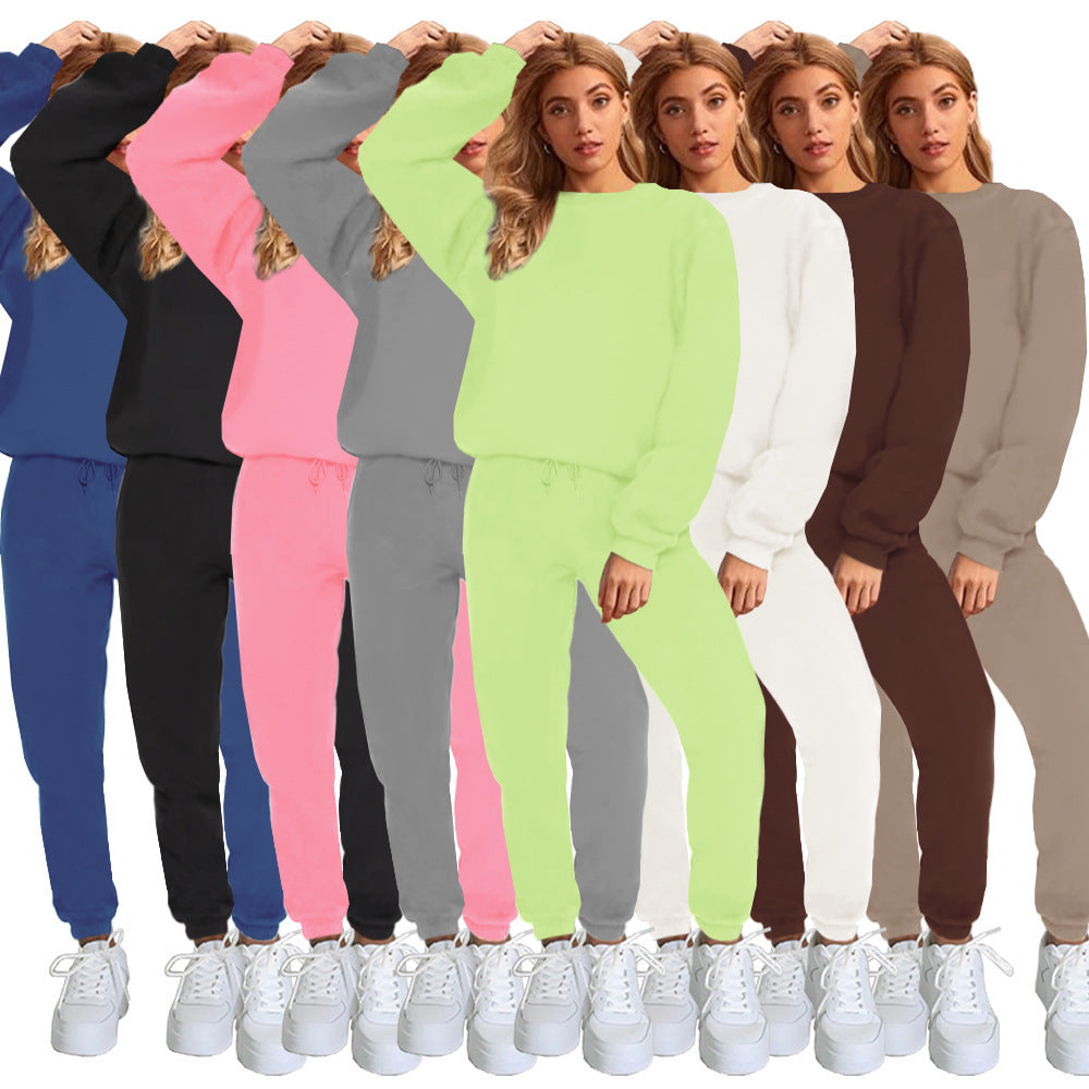 Women's Solid Color Round Neck Pullover Sweatshirt Pants