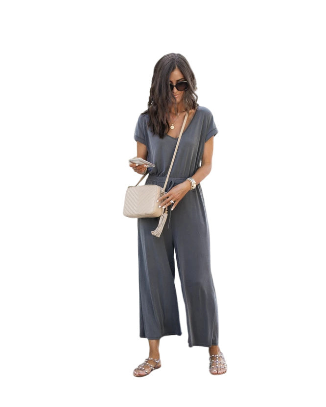 Women's Elastic Waist V-neck Wide-leg Jumpsuit