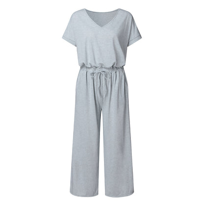 Women's Elastic Waist V-neck Wide-leg Jumpsuit