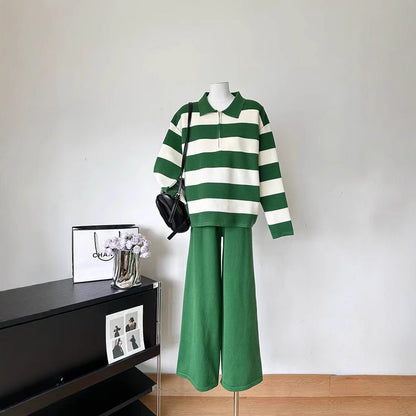 Women's Polo Collar Half Zipper Knitting Suit Stripes